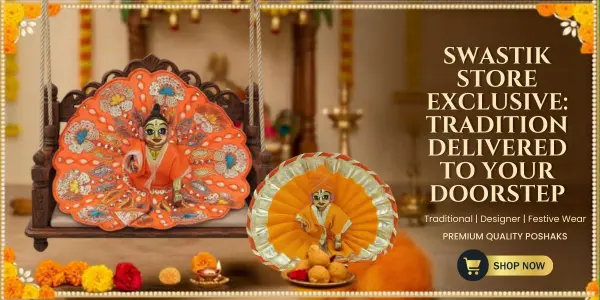 Laddu Gopal Dress Swastik Store ad: 'Exclusive: Tradition delivered to your doorstep' with festive Indian decor, a decorative fan and small deity doll, marigold flowers and a 'Shop Now' button. Laddu Gopal Dress