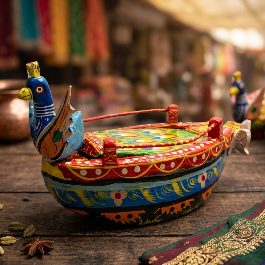Gemini_Generated_Image_pxhg3ipxhg3ipxhg - Swastik Store Colorful hand-painted wooden boat with a bird figure on display at a crafts market stall, surrounded by textiles and pots. - Swastik Store